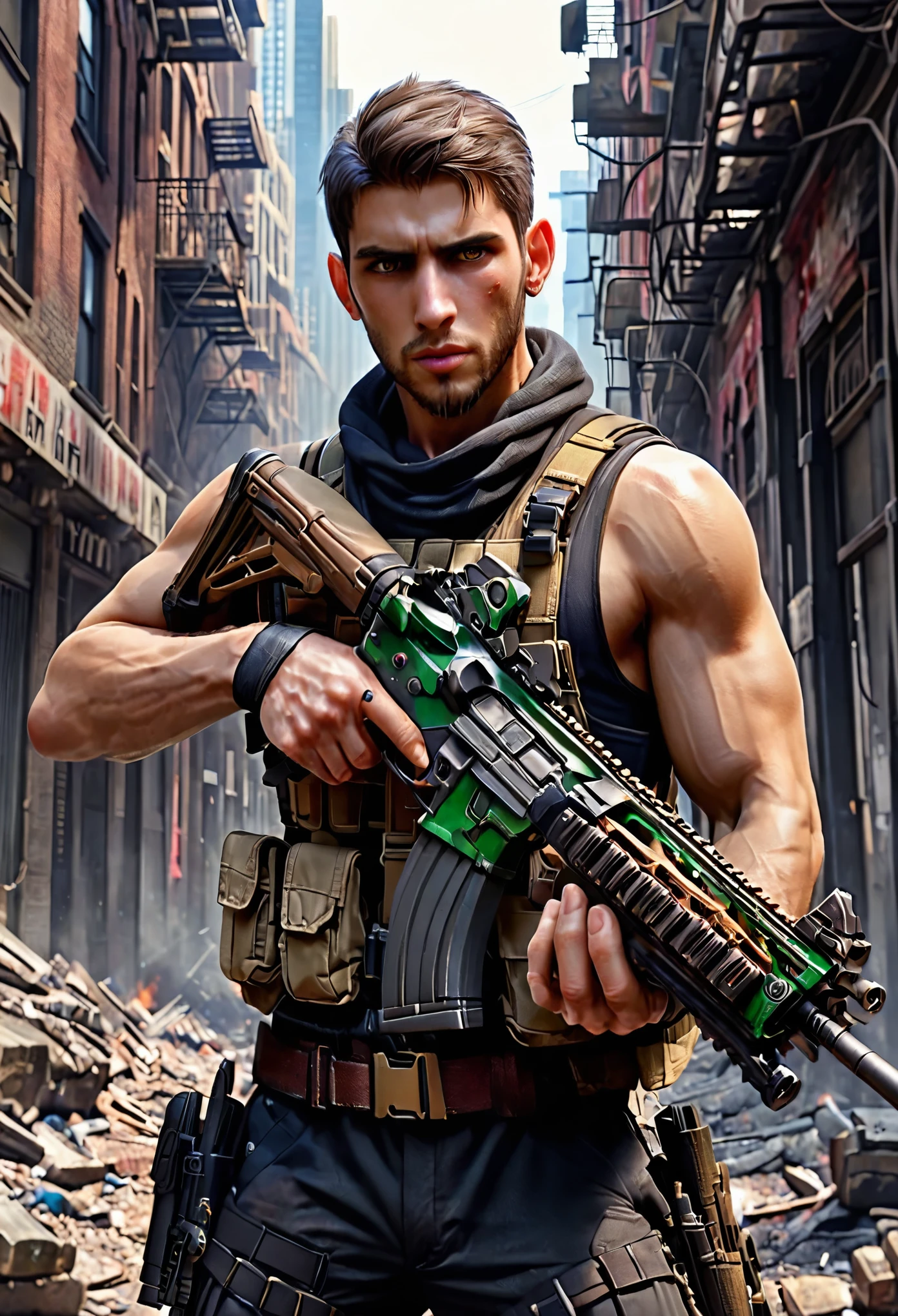 mercenary, muslim, secret agent, male focus, holding an assault rifle, brown hair, short hair, brown eyes, load-bearing vest, ammunition belt, danger atmosphere, new york street backdrop, war zone