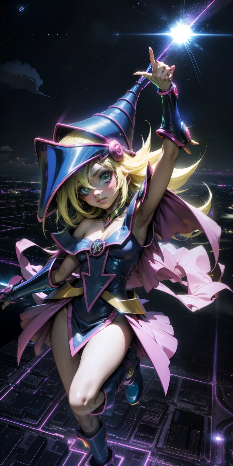 Mujer preciosa dark magician girl ( neon cyberpunk ), The neon sings, neon lighting, RTX chica maga oscura iluminando volando en el aire. Encima de la ciudad a media noches. Luna llena. Cielos de estrellas. Mago oscuro volando
