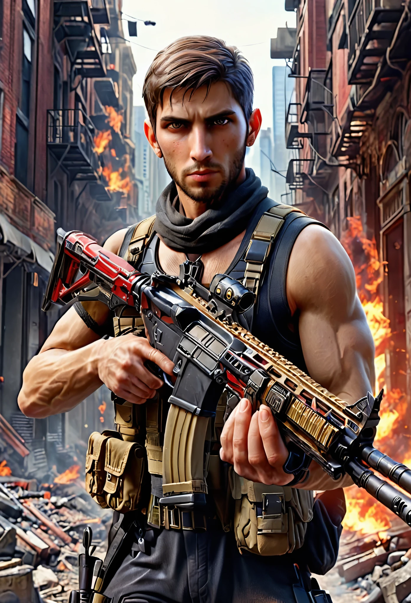 mercenary, muslim, secret agent, male focus, holding an assault rifle, brown hair, short hair, brown eyes, load-bearing vest, ammunition belt, danger atmosphere, new york street backdrop, war zone