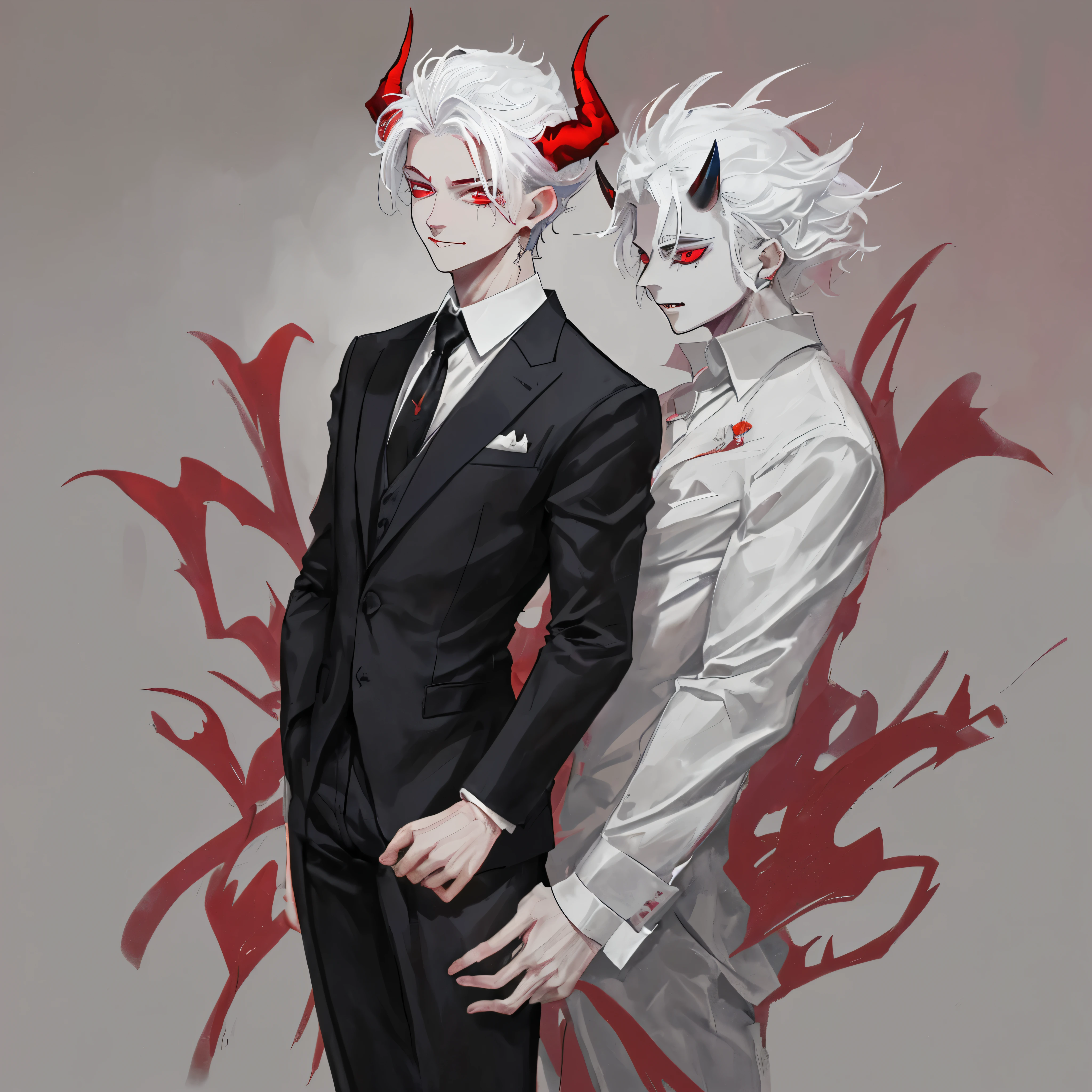 Short demon in a suit, his horns are a little bigger than him, em seu rosto existe um sorriso mostrando suas presas, Furthermore, your eyes are red and your hair is white