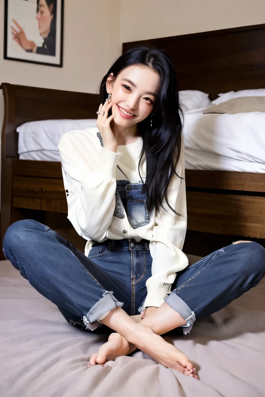 ((highest quality)), ((masterpiece)), perfect face、A neat and beautiful woman sitting on the bed in a room、black hair、long sleeve blouse、skinny denim、barefoot、not wearing shoes、smile、smile showing teeth、ear piercing、look at the camera、full body photo、Nails on toenails
