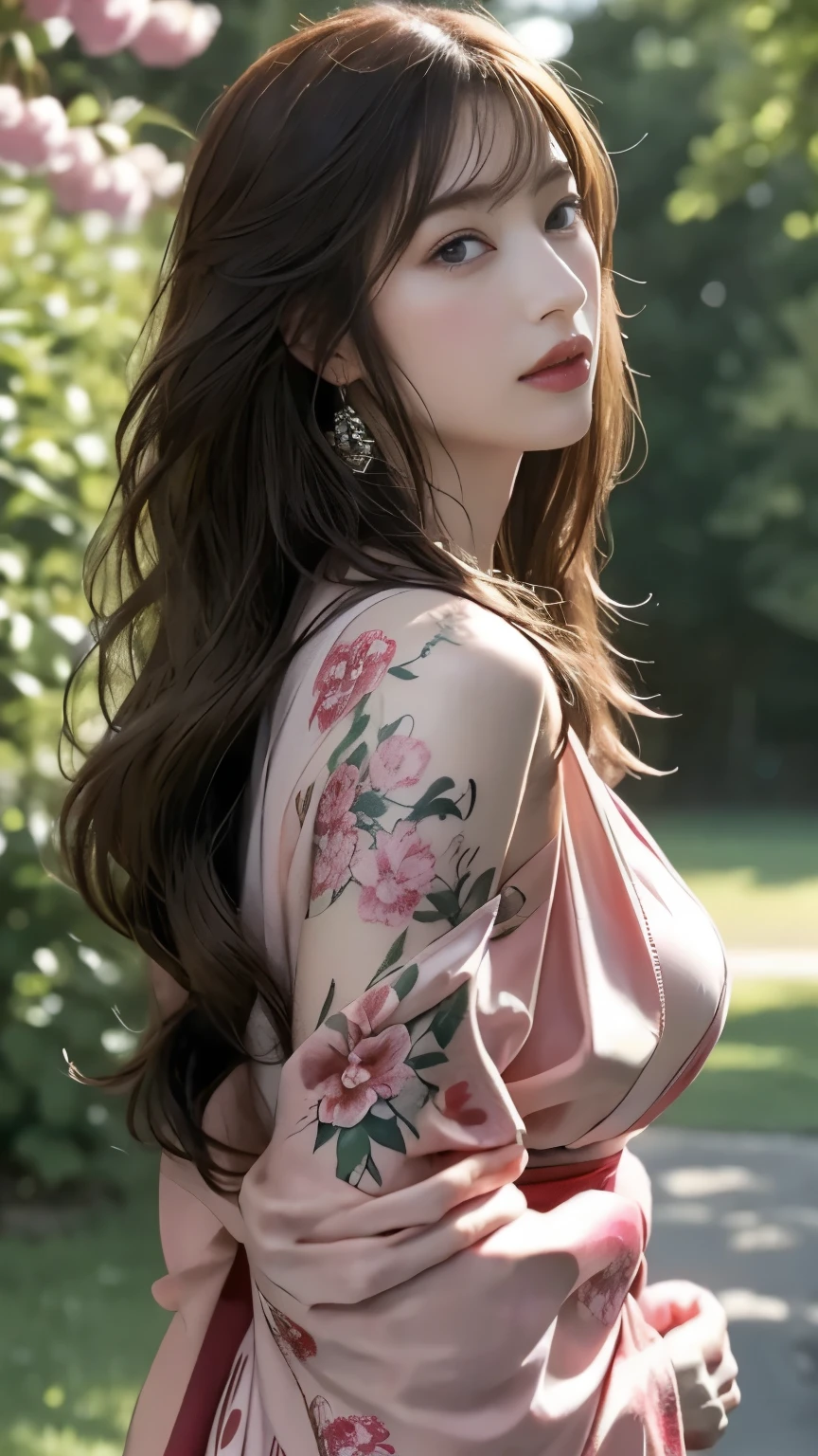 japanese landscape、kimonoを着ている、Cherry tree、unreal engine:1.4,nffsw,best quality:1.4, From photoreal:1.4, skin texture:1.4, masterpiece:1.8, 1 female, raise one&#39;s hips high, beautiful eyes, long haired person, ring-shaped eyes, gem, tattoo, kimono
