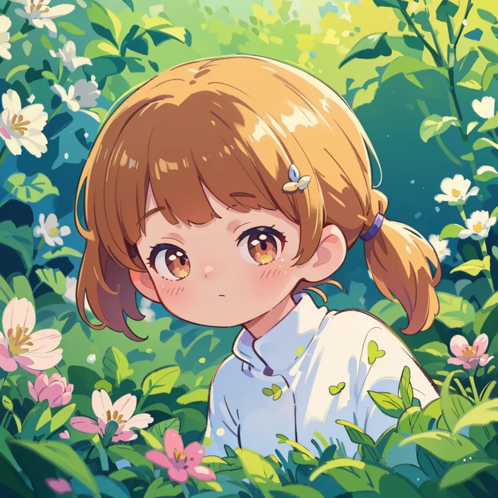 (best quality:1.2, high-res, ultra-detailed, realistic:1.37), woman wearing a shirt, viewed from the side, with a ponytail, vibrant colors, soft lighting, oil painting, detailed brushwork, gentle breeze, blooming flowers, serene garden, tranquil atmosphere.