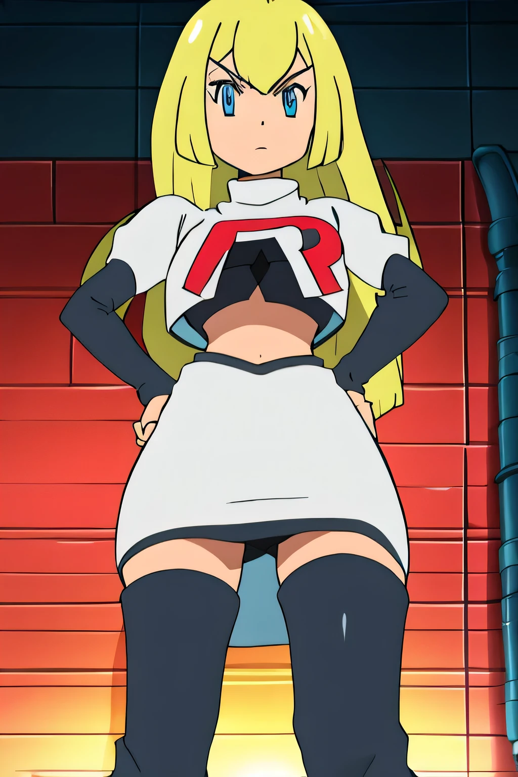 brunell colette,very large breasts,8k, masterpiece,highres,team rocket uniform, red letter r, white skirt,white crop top,black thigh-high boots, black elbow gloves, glaring angrily, looking down at viewer, hands on hips, cowboy shot, zettai ryouiki,from below, black panties,anime style, vivid colors, sharp focus, intense lighting,