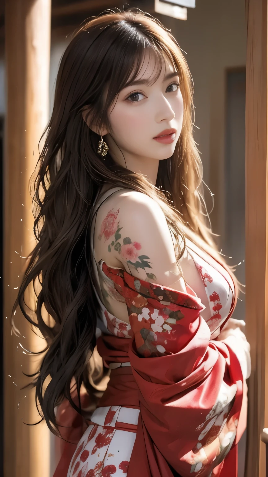 japanese landscape、kimonoを着ている、Cherry tree、unreal engine:1.4,nffsw,best quality:1.4, From photoreal:1.4, skin texture:1.4, masterpiece:1.8, 1 female, raise one's hips high, beautiful eyes, long haired person, ring-shaped eyes, gem, tattoo, kimono