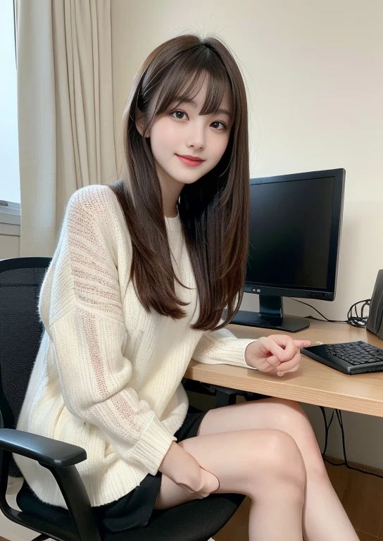 finely, High resolution, high quality、perfect dynamic composition, 15 year old girl、young face、neat and cute girl、detailed and beautiful eyes, double eyelid、light brown layered cut、straight hair、bangs、Sit in front of your computer monitor、sit on a chair、looked back、long legs、despise、natural color lip, 1 person、neat and cute girl、清楚でyoung face、transparent skin、white skin、Bedroom、in the room、Stylish clothes、room wear、beautiful feet、thin legs、shake your head、Hey hey smile、slight smile、despise、Condescending、Laughed