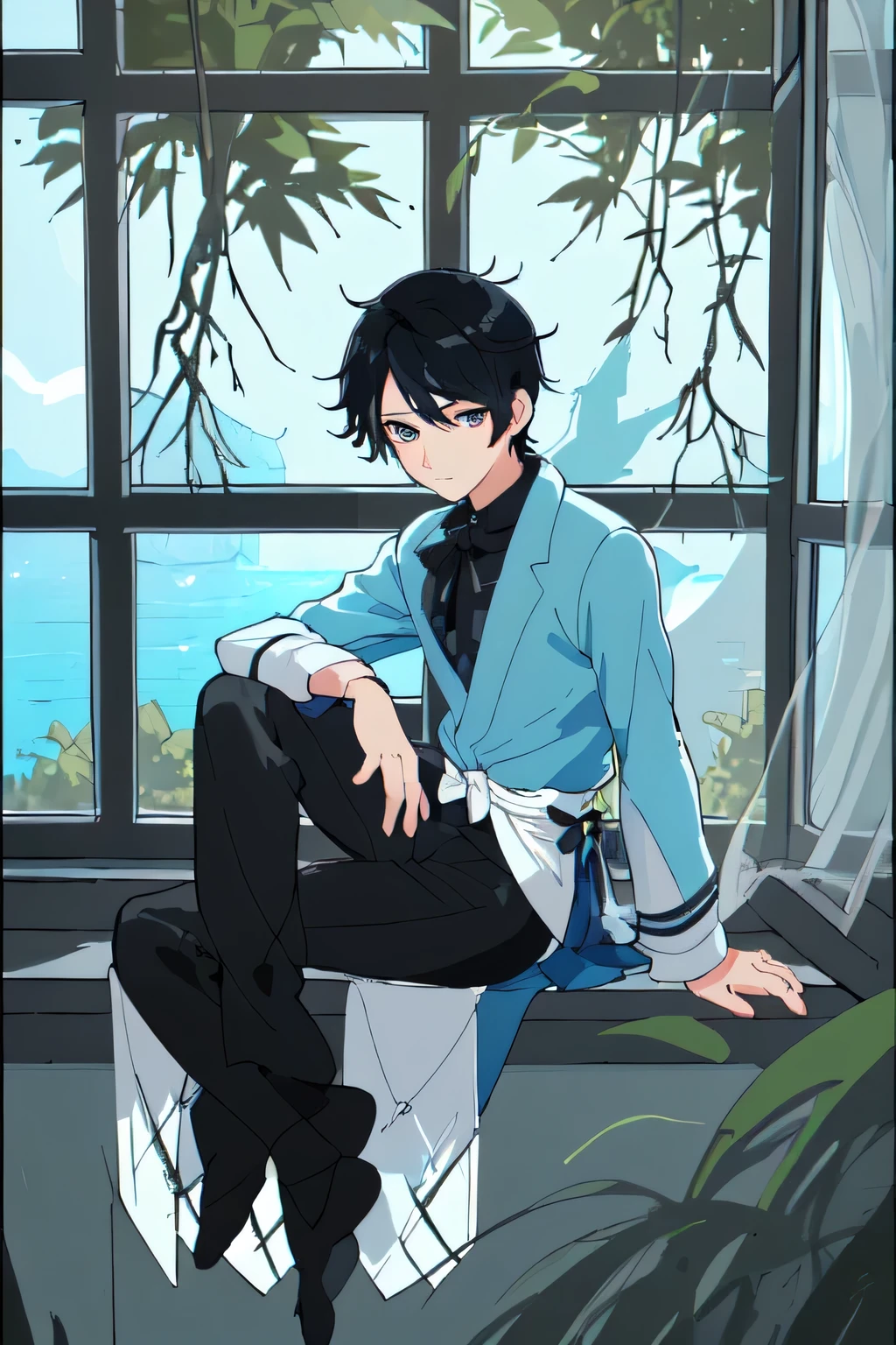 1boy, black hair , blue ocean ayes, intelegent , sitting on the window, beaurefull tree behind the window,beaurefull boy, close to the viewer, looks warmly at the viewer,near the viewer
