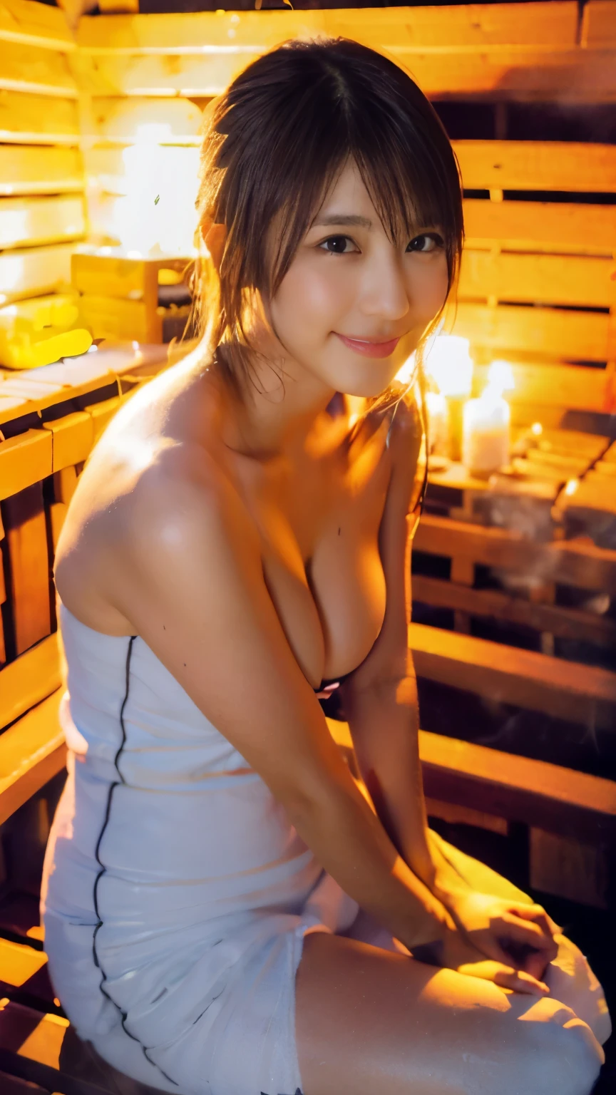 (1 Female only):1.5, (sauna:1.3), (whole body:1.3), (bun hair, dark brown hair), (highest quality, Photoreal:1.4, table top:1.3, RAW photo:1.2, cinematic light, highly detailed illustrations), (A very carefully drawn face, Super beautiful maid, super delicate eyes, super detailed stuffy nose, super detailed mouth, highly detailed facial features, Super detailed body, hip details, Detailed thighs), (small breasts:1.3), from the front, show cleavage, (A long dress made of very dense towel fabric.:1.3, strapless), (sweat a lot), (sitting on a wooden bench), leaning forward, smile:0.8, Light and shadow