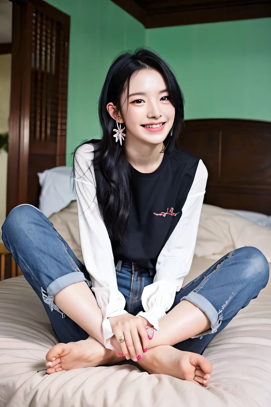 highest quality)), ((masterpiece)), perfect face、A neat and beautiful woman sitting on the bed in a room、black hair、long sleeve blouse、skinny denim、barefoot、not wearing shoes、smile、smile showing teeth、ear piercing、look at the camera、full body photo、Nails on toenails