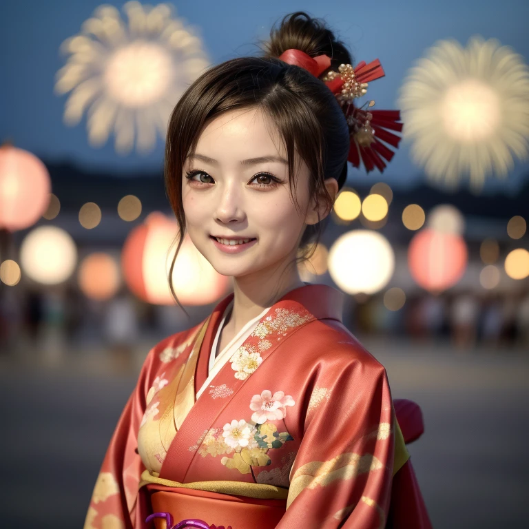 (((highest quality, 8K, masterpiece))), sharp focus, (beautiful woman with perfect figure), thin, (hairstyle: superior)), ((kimono: cane)), street: 1.2 非常に詳細な顔と肌の質感詳細な目double eyelidランダムな姿勢, (smile),ssuperiorer cute Japan person,ssuperiorer beauty Japanese girl, realistic face, double eyelid,smile,Summer festival , at sunset ,fireworks background.