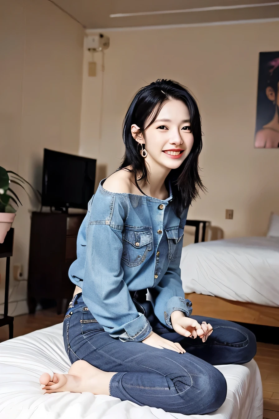 highest quality)), ((masterpiece)), perfect face、A neat and beautiful woman sitting on the bed in a room、black hair、long sleeve blouse、skinny denim、barefoot、not wearing shoes、smile、smile showing teeth、ear piercing、look at the camera、full body photo、Nails on toenails