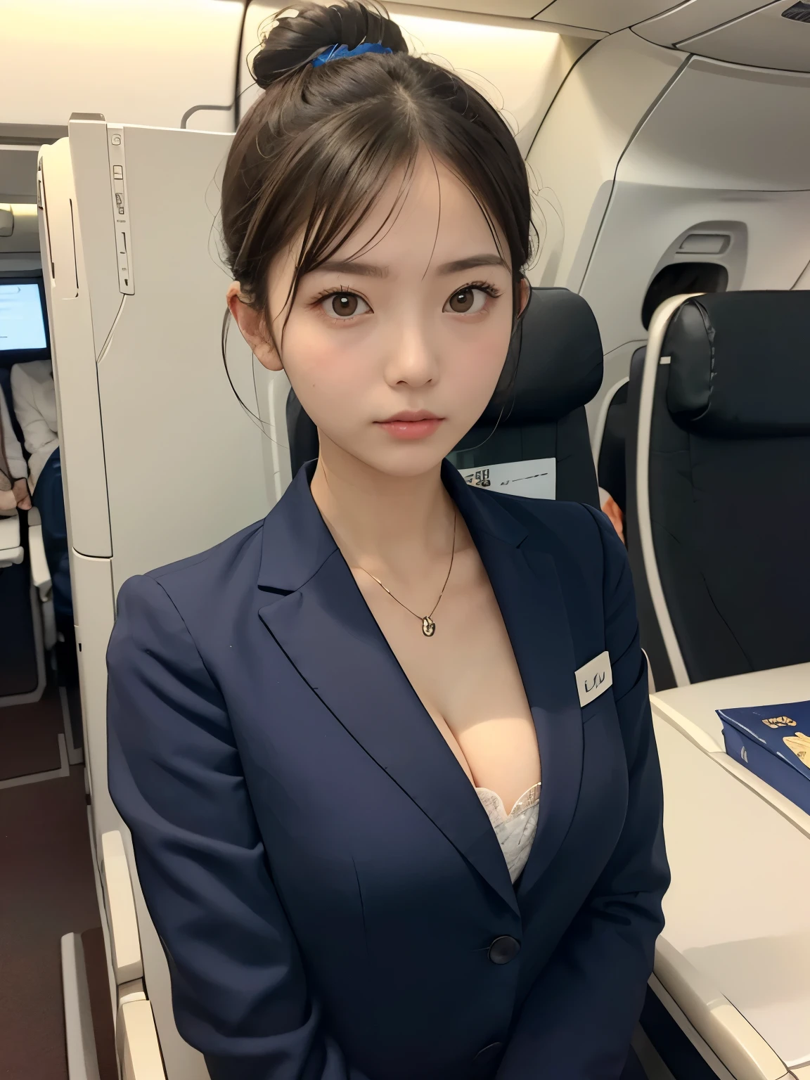 (professional portrait、professional writing)、highest quality, Detailed workmanship、high resolution、(8K, High resolution:1.2)、(RAW photo, photorealistic:1.3)、masterpiece、slender body shape、high definition face、Face is in focus、high definition eyes、(Focused, symmetrical pupils:1.2)、High-definition and beautiful skin、firm skin、natural makeup、gross lip, High-definition hair texture,  hair bun, (I hide my chest with my hands:1.3), japanese woman, 18-year-old、cabin attendant, Stewardess break(japan air line uniform), Inside the airplane、sitting, A disdainful look、(She is glaring at the camera with her eyes looking up.:1.2), small breast, cleavage