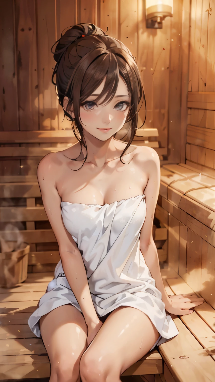 (1 Female only):1.5, (sauna:1.3), (whole body:1.3), (bun hair, dark brown hair), (highest quality, Photoreal:1.4, table top:1.3, RAW photo:1.2, cinematic light, highly detailed illustrations), (A very carefully drawn face, Super beautiful maid, super delicate eyes, super detailed stuffy nose, super detailed mouth, highly detailed facial features, Super detailed body, hip details, Detailed thighs), (small breasts:1.3), from the front, show cleavage, (A long dress made of very dense towel fabric.:1.3, strapless), (sweat a lot), (sitting on a wooden bench), leaning forward, smile:0.8, Light and shadow