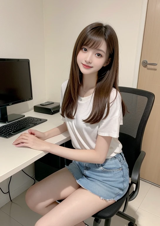 finely, High resolution, high quality、perfect dynamic composition, 15 year old girl、young face、neat and cute girl、detailed and beautiful eyes, double eyelid、light brown layered cut、straight hair、bangs、Sit in front of your computer monitor、sit on a chair、looked back、long legs、despise、natural color lip, 1 person、neat and cute girl、清楚でyoung face、transparent skin、white skin、Bedroom、in the room、Stylish clothes、room wear、beautiful feet、thin legs、shake your head、Hey hey smile、slight smile、despise、Condescending、Laughed