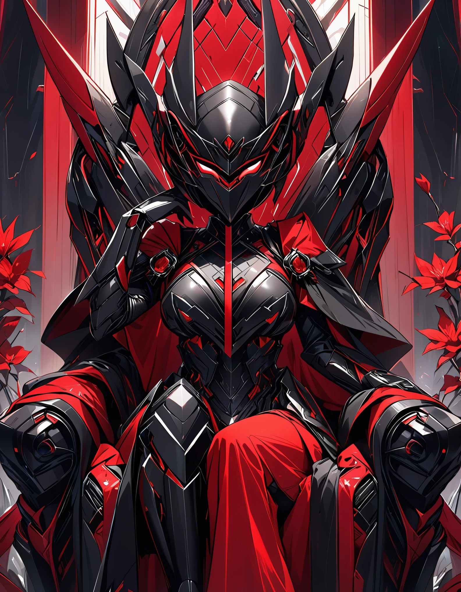 A woman wearing a mask that hides her entire face and wearing futuristic black armor sitting on a throne red details on the armor.