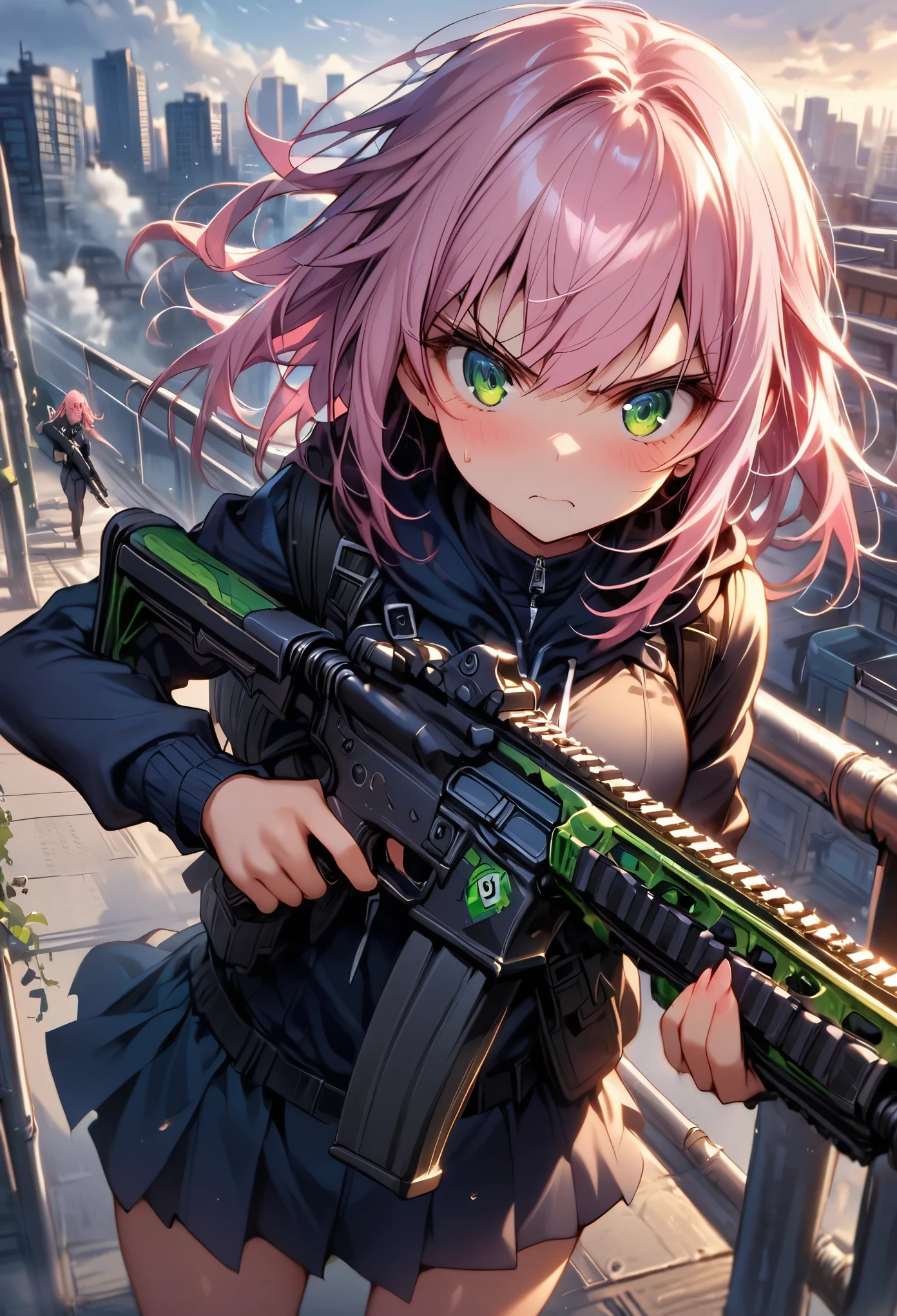 (((pixel-perfect, detail-perfect))), 1girl, solo, solo focus, using assault rifle, determined expression, high school student, short pink hair, green eyes, urban rooftop setting, smoggy, intense