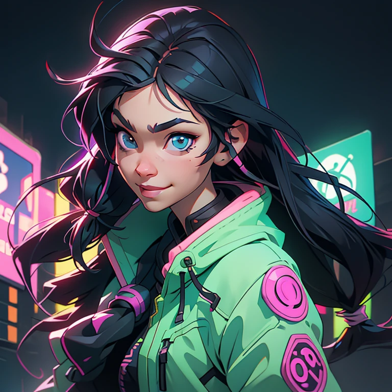 Create a girl with long messy black hair and brown eyes, smiling, gamer,, monitor, night time, good quality, perfect anatomy, 8k, masterpiece, by (Holaxes), long hair, messy hair, neon, headphones, cyberpunk, neon purple, neon yellow, neon blue, cyberwave, best Character Design