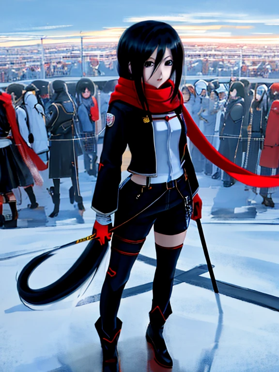 Anime girl with long hair and red scarf standing in front of the crowd, 4K anime style, 4k anime wallpapers, 4k anime wallpapers, Anime wallpaper 4K, Badass anime 8 K, Anime art wallpaper 4k, Anime art wallpaper 4k, 4k manga wallpapers, Anime art wallpaper 8k, style of anime. 8K, female anime character