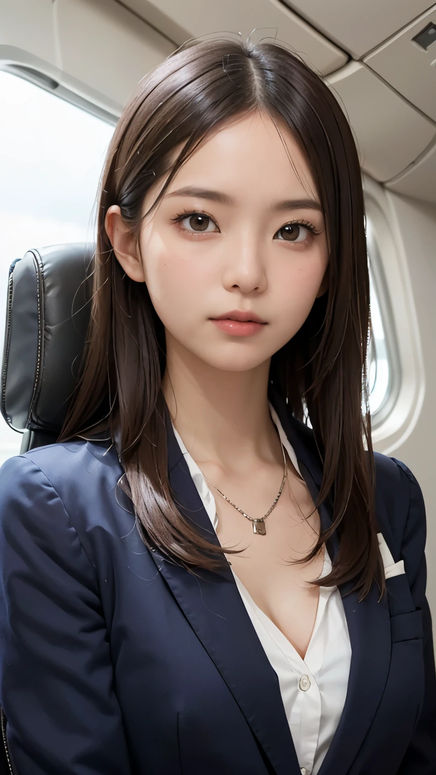 (professional portrait、professional writing)、highest quality, Detailed workmanship、high resolution、(8K, High resolution:1.2)、(RAW photo, photorealistic:1.3)、masterpiece、slender body shape、high definition face、Face is in focus、high definition eyes、(Focused, symmetrical pupils:1.2)、High-definition and beautiful skin、firm skin、natural makeup、gross lip, High-definition hair texture, (I hide my chest with my hands:1.3), japanese woman, 18-year-old、cabin attendant, Stewardess break(japan air line uniform), Inside the airplane、A disdainful look、(She is glaring at the camera with her eyes looking up.:1.3), small breast, cleavage, (Staring at the camera:1.3)