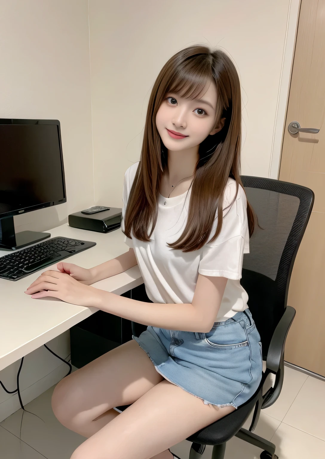 finely, High resolution, high quality、perfect dynamic composition,  girl、young face、neat and cute girl、detailed and beautiful eyes, double eyelid、light brown layered cut、straight hair、bangs、Sit in front of your computer monitor、sit on a chair、looked back、long legs、despise、natural color lip, 1 person、neat and cute girl、Neat and young face、transparent skin、white skin、Bedroom、in the room、Stylish clothes、room wear、beautiful feet、thin legs、shake your head、Hey hey smile、slight smile、despise、Condescending、Laughed