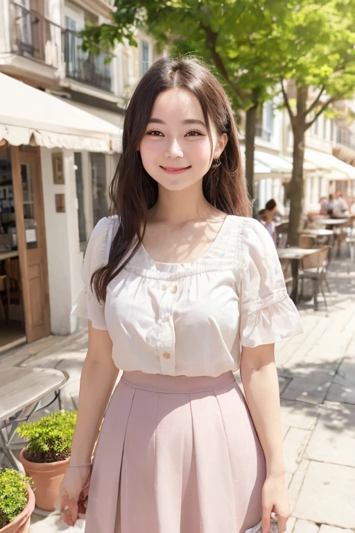 1 girl, woman in her late 20s, Skirts in pastel colors，white blouse, photograph, realistic, highest quality, lover, detailed face, cafe terrace, date, detailed background, sunshine, Depth of the bounds written, Bokeh，smile