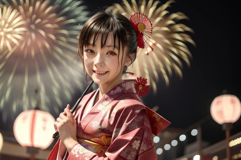 (Chiaki), (((highest quality, 8K, masterpiece))), sharp focus, (beautiful woman with perfect figure), thin, (hairstyle: superior)), ((kimono: cane)), street: 1.2 非常に詳細な顔と肌の質感詳細な目double eyelidランダムな姿勢, (smile),ssuperiorer cute Japan person,ssuperiorer beauty Japanese girl, realistic face, double eyelid,smile,Summer festival , at sunset ,fireworks background.