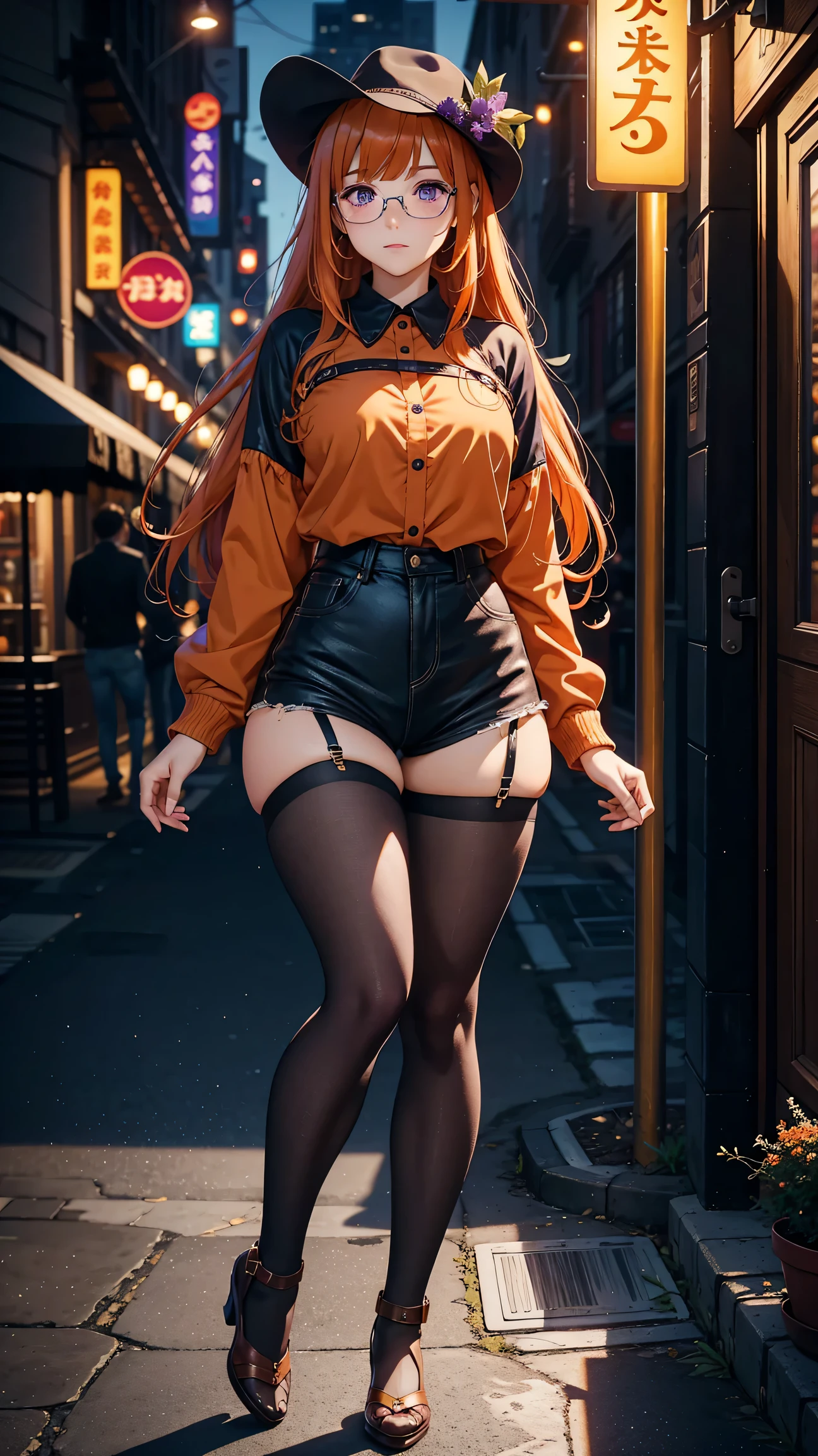 (best quality, masterpiece), Depth of field with a blurry background, Cowboy-themed image: 1.3, Thick thighs: 1.4, Angle: standing, Solo: 1.2, 1girl: 1.5, Long orange hair: 1.2, (Ahoge: 0.9), Glasses: 1.3, Blunt bangs: 1.6, Purple eyes: 1.4, Full-face blush: 1.3, Pantyhose: 1.2, , Full body shot: 1.4, Night scene: full body  