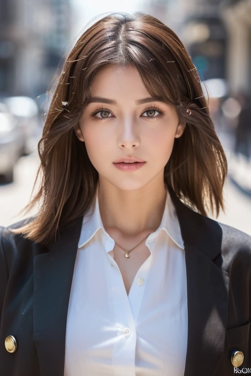 ((highest quality, 8K, masterpiece :1.3)), sharp focus :1.2, beautiful woman with perfect figure :1.4, thin abs :1.2, ((dark brown hair, big breasts :1.2)), (white button up long shirt :1.1), city street:1.2, Highly detailed face and skin texture, fine eyes, double eyelid