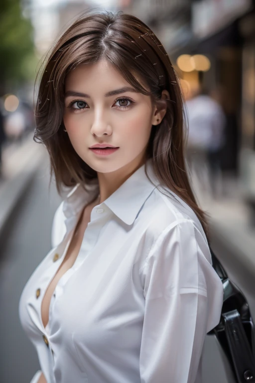 ((highest quality, 8K, masterpiece :1.3)), sharp focus :1.2, beautiful woman with perfect figure :1.4, thin abs :1.2, ((dark brown hair, big breasts :1.2)), (white button up long shirt :1.1), city street:1.2, Highly detailed face and skin texture, fine eyes, double eyelid