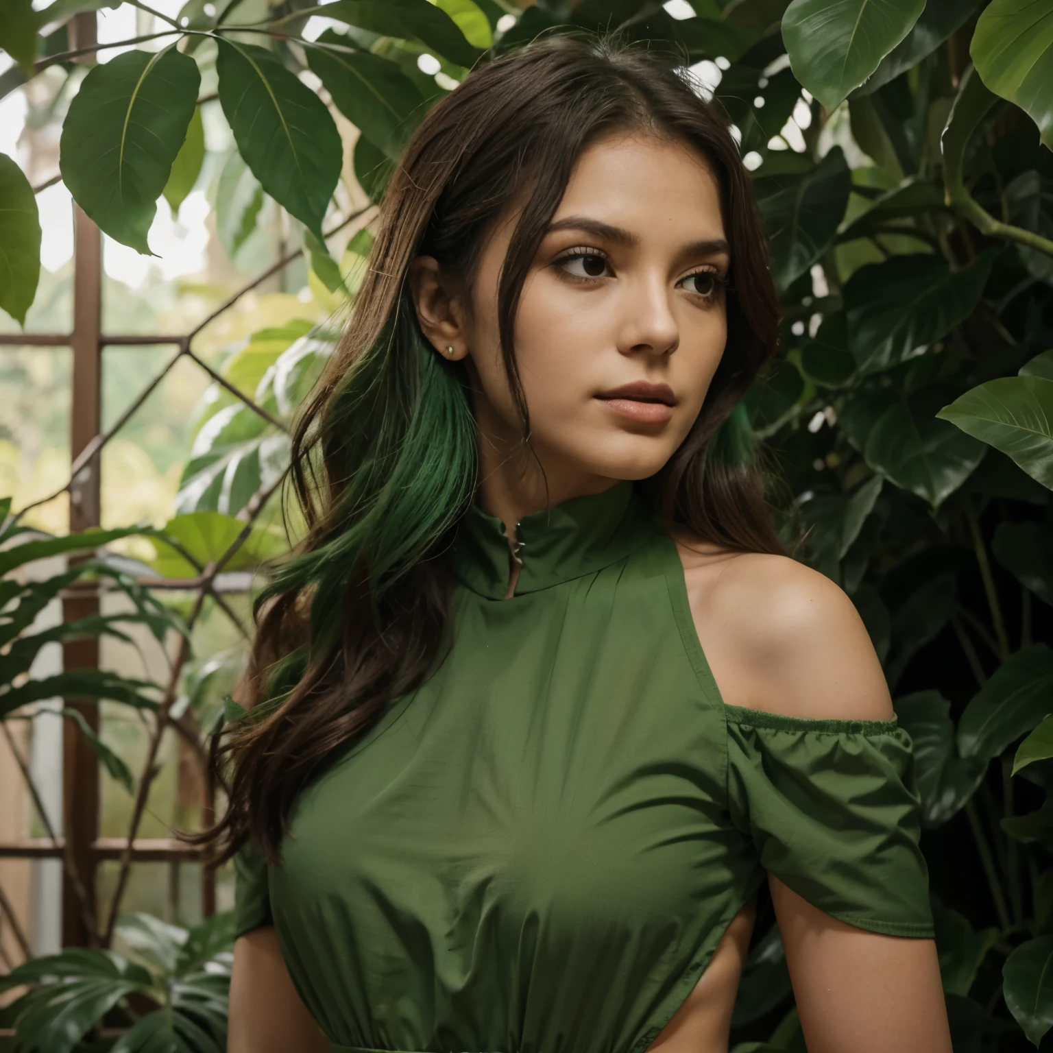 beija flor, em primeiro plano, bicando uma folha (verde amarronzado) presa a um galho com outras folhas, o beija flor deve ter asas e detalhes verdes 
