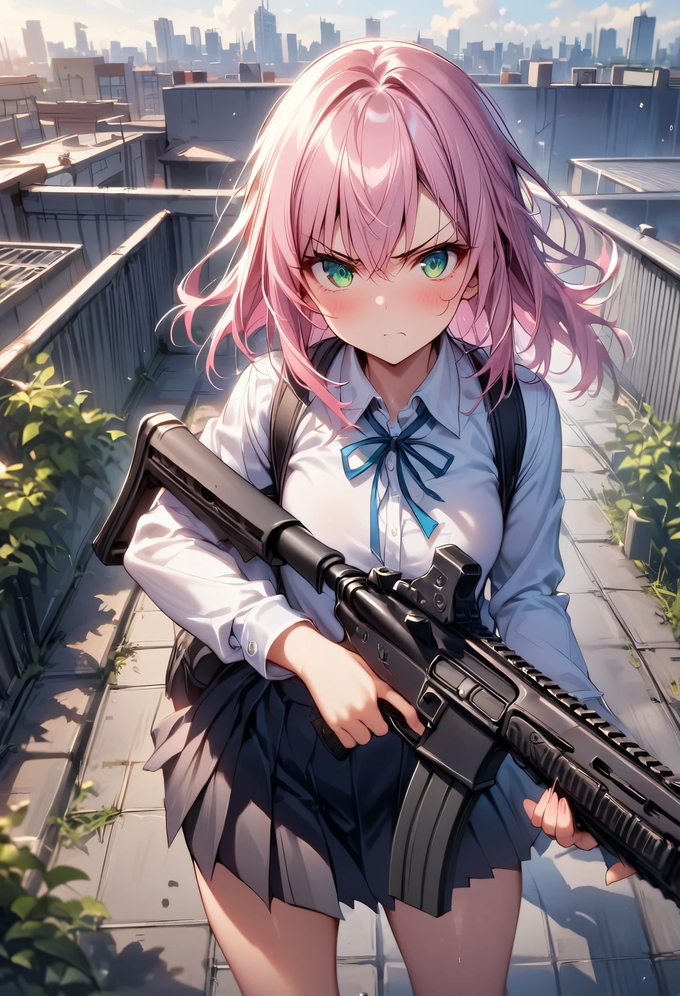 (((pixel-perfect, detail-perfect))), 1girl, solo, solo focus, using assault rifle, determined expression, high school student, short pink hair, green eyes, urban rooftop setting, smoggy, intense