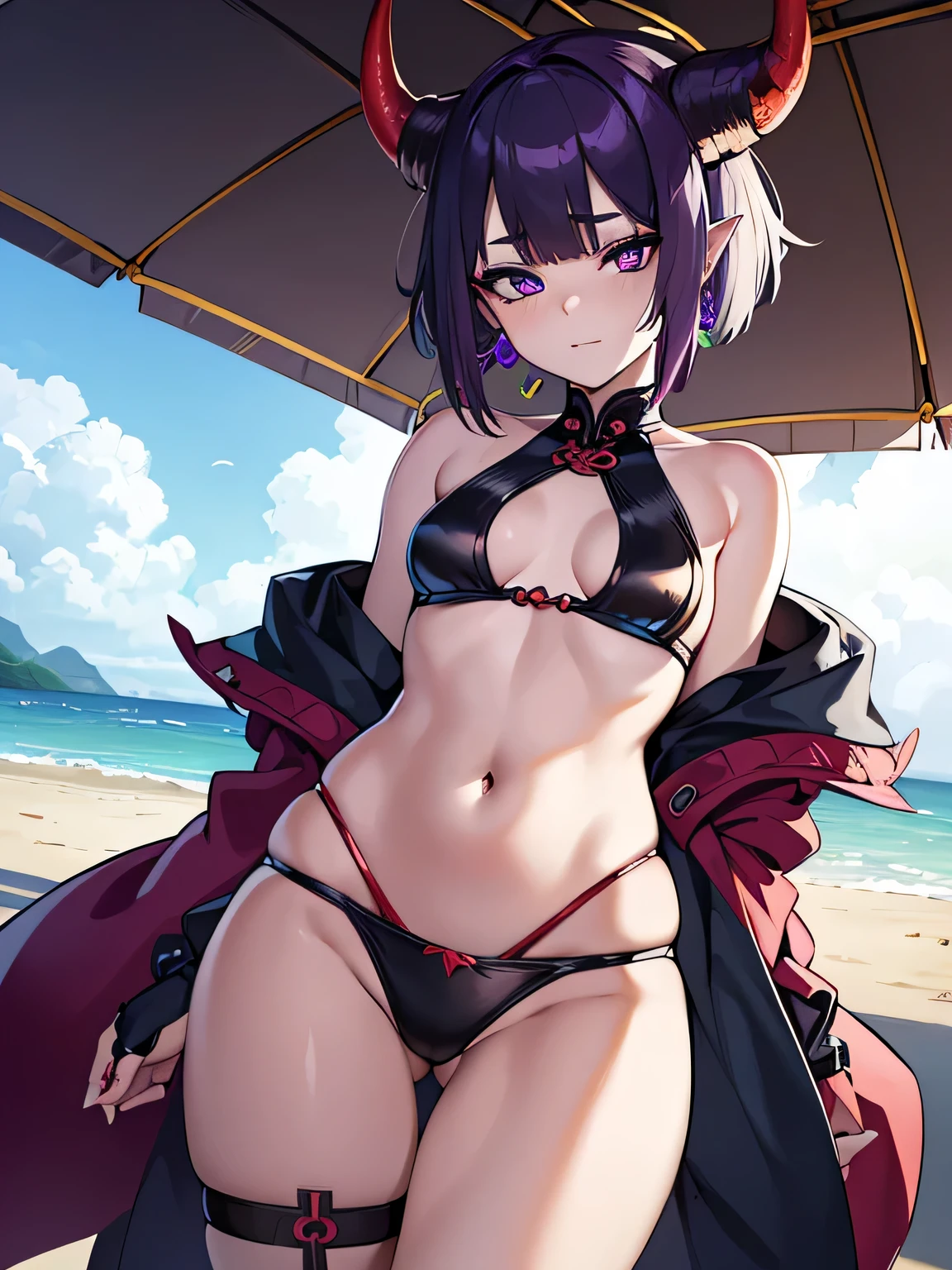 Xiutianji Temple, shuten douji, (purple eyes:1.2), earrings, eye shadow, horn, compensate, oni horn, purple hair, red eye shadow, short eyebrows, short hair, single earrings, (small breasts:1.2), pointed ears,
break bikini,
break outdoors, beach,
break looking at viewer,
break (masterpiece:1.2), highest quality, High resolution, unity 8k wallpaper, (figure:0.8), (detailed and beautiful eyes:1.6), highly detailed face, perfect lighting, Very detailed CG, (perfect hands, perfect anatomy),