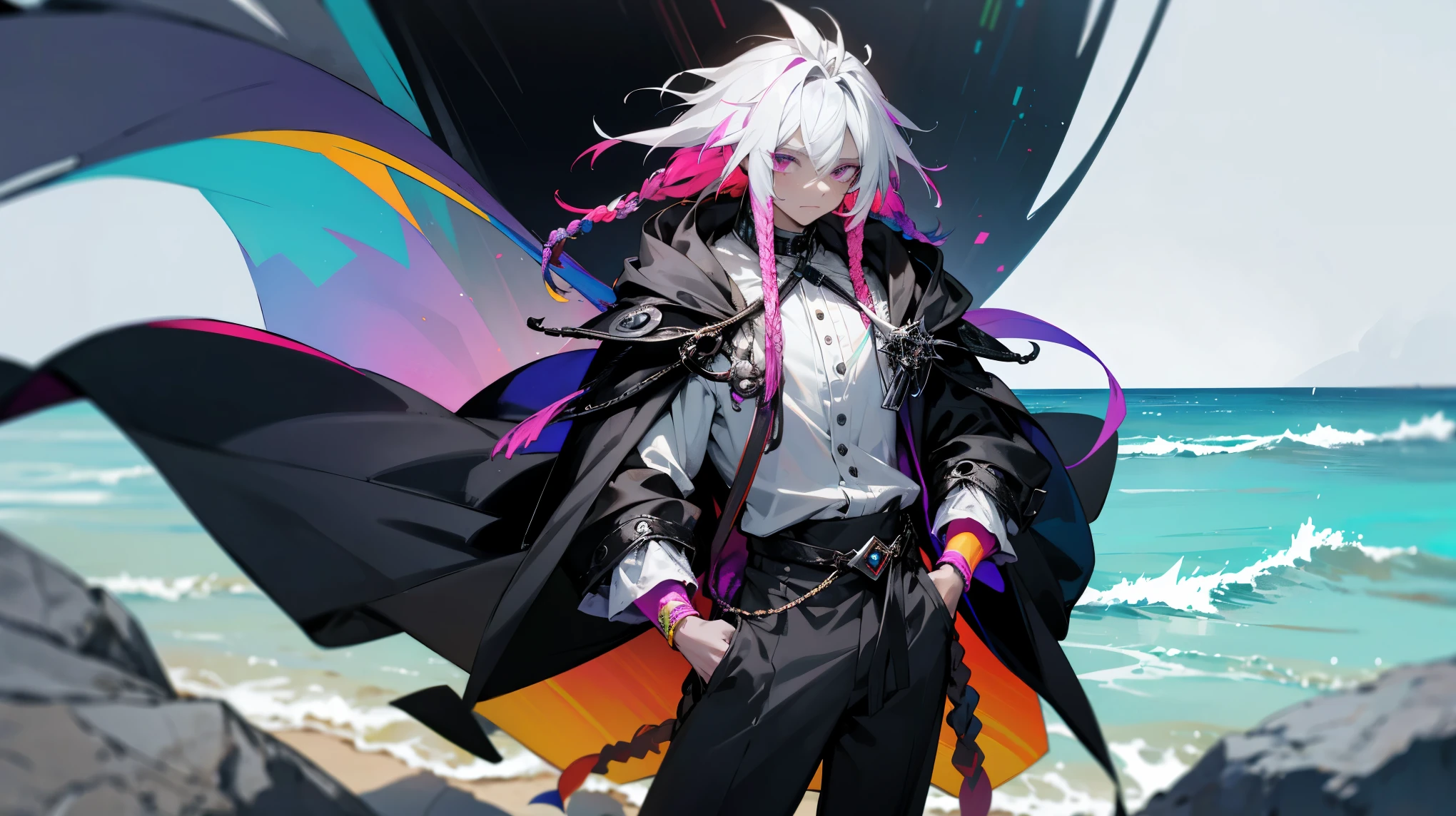 1male, rainbow color hair, multicolor Dreads, Clear eyes, Muscular, Grey Skin, multicolored gem on chest, black cloak, beach background, rainbow jacket, hands in pockets, white shirt
