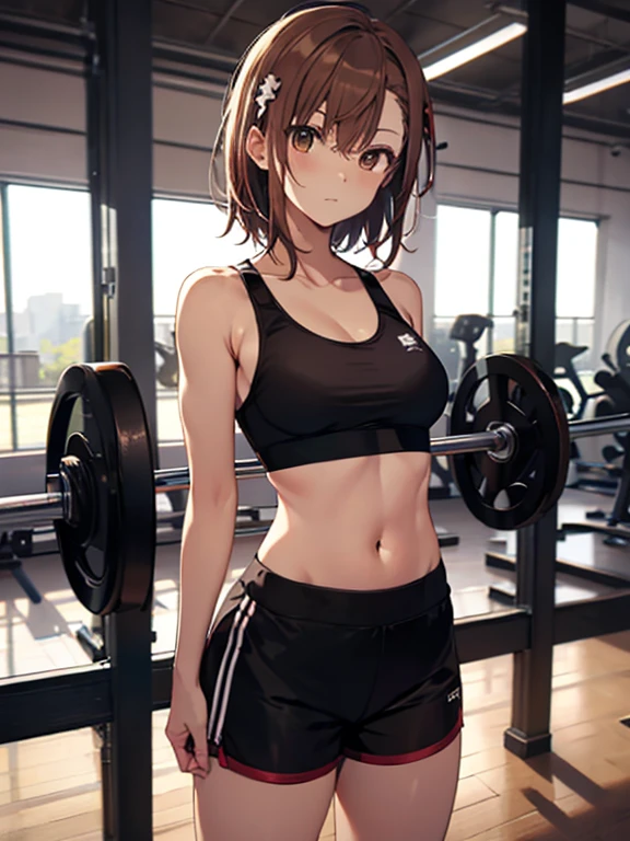 A masterpice, 4K, best quality, Misaka_mikoto　ribbon from, Sports Bra, Latex Shorts, are standing, arms folded,、cool expression　Beautiful gym, brown-eyed, Short_hair, Small_Breast, looking at the viewers