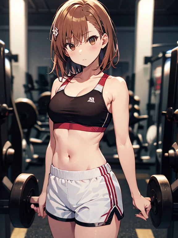 A masterpice, 4K, best quality, Misaka_mikoto　ribbon from, Sports Bra, Latex Shorts, are standing, arms folded,、cool expression　Beautiful gym, brown-eyed, Short_hair, Small_Breast, looking at the viewers