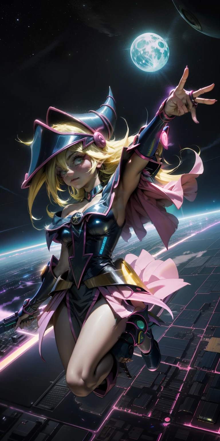 Mujer preciosa dark magician girl ( neon cyberpunk ), The neon sings, neon lighting, RTX chica maga oscura iluminando volando en el aire. Encima de la ciudad a media noches. Luna llena. Cielos de estrellas. Mago oscuro volando