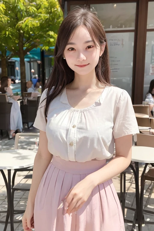 1 girl, woman in her late 20s, Skirts in pastel colors,white blouse, photograph, realistic, highest quality, lover, detailed face, cafe terrace, date, detailed background, sunshine, Depth of the bounds written, Bokeh,angry face,not smiling