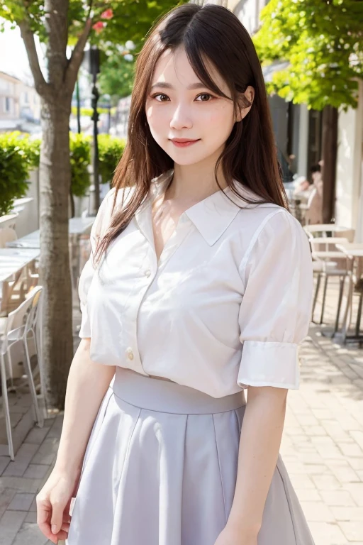 1 girl, woman in her late 20s, Skirts in pastel colors，white blouse, photograph, realistic, highest quality, lover, detailed face, cafe terrace, date, detailed background, sunshine, Depth of the bounds written, Bokeh，angry face，not smiling