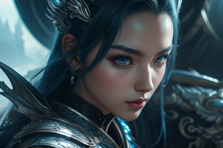 a close up of a woman in a silver and blue dress, chengwei pan on artstation, by Yang J, detailed fantasy art, stunning character art, fanart best artstation, epic exquisite character art, beautiful armor, extremely detailed artgerm, detailed digital anime art, artgerm on artstation pixiv, armor girl