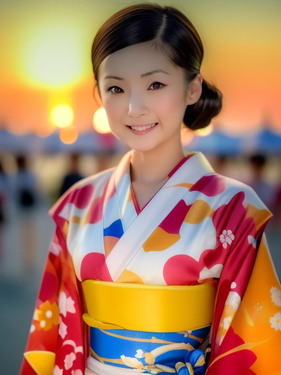 (Chiaki), (((highest quality, 8K, masterpiece))), sharp focus, (beautiful woman with perfect figure), thin, (hairstyle: superior)), ((kimono: cane)), street: 1.2 非常に詳細な顔と肌の質感詳細な目double eyelidランダムな姿勢, (smile),ssuperiorer cute Japan person,ssuperiorer beauty Japanese girl, realistic face, double eyelid,smile,Summer festival , at sunset ,fireworks background.