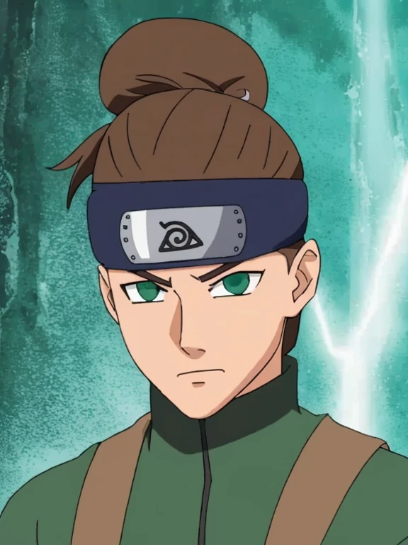 Um ninja homem da vila da folha, with messy light brown hair in a bun, pele branca, olhos verdes, uma cicatriz de corte na bochecha direita, green and black jonnin uniform with expression of slight disgust