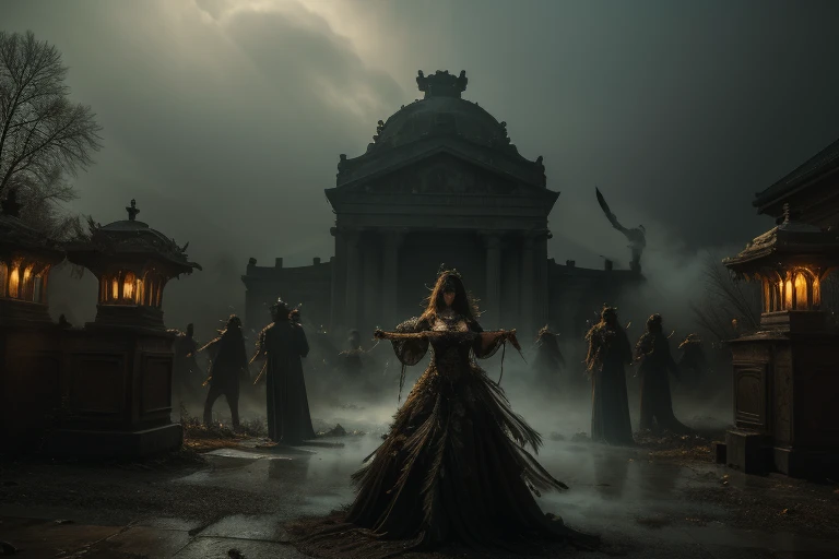 The scene is atmospheric and open, ancient sacrificial pictures, smoky and full of smoke, birds in human clothes dancing, worshiping Sunday, (detailed costume details, detailed clothing light sense), faintly appearing, detailed bird feather details, cumbersome and complex picture feeling, (full of weird and mysterious pictures), the background is cloudy, photos are realistic, 8k,
