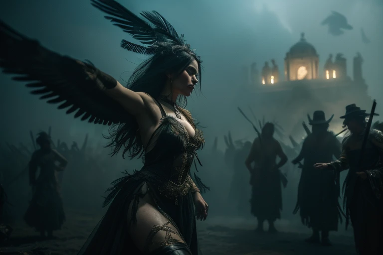 The scene is atmospheric and open, ancient sacrificial pictures, smoky and full of smoke, birds in human clothes dancing, worshiping Sunday, (detailed costume details, detailed clothing light sense), faintly appearing, detailed bird feather details, cumbersome and complex picture feeling, (full of weird and mysterious pictures), the background is cloudy, photos are realistic, 8k,