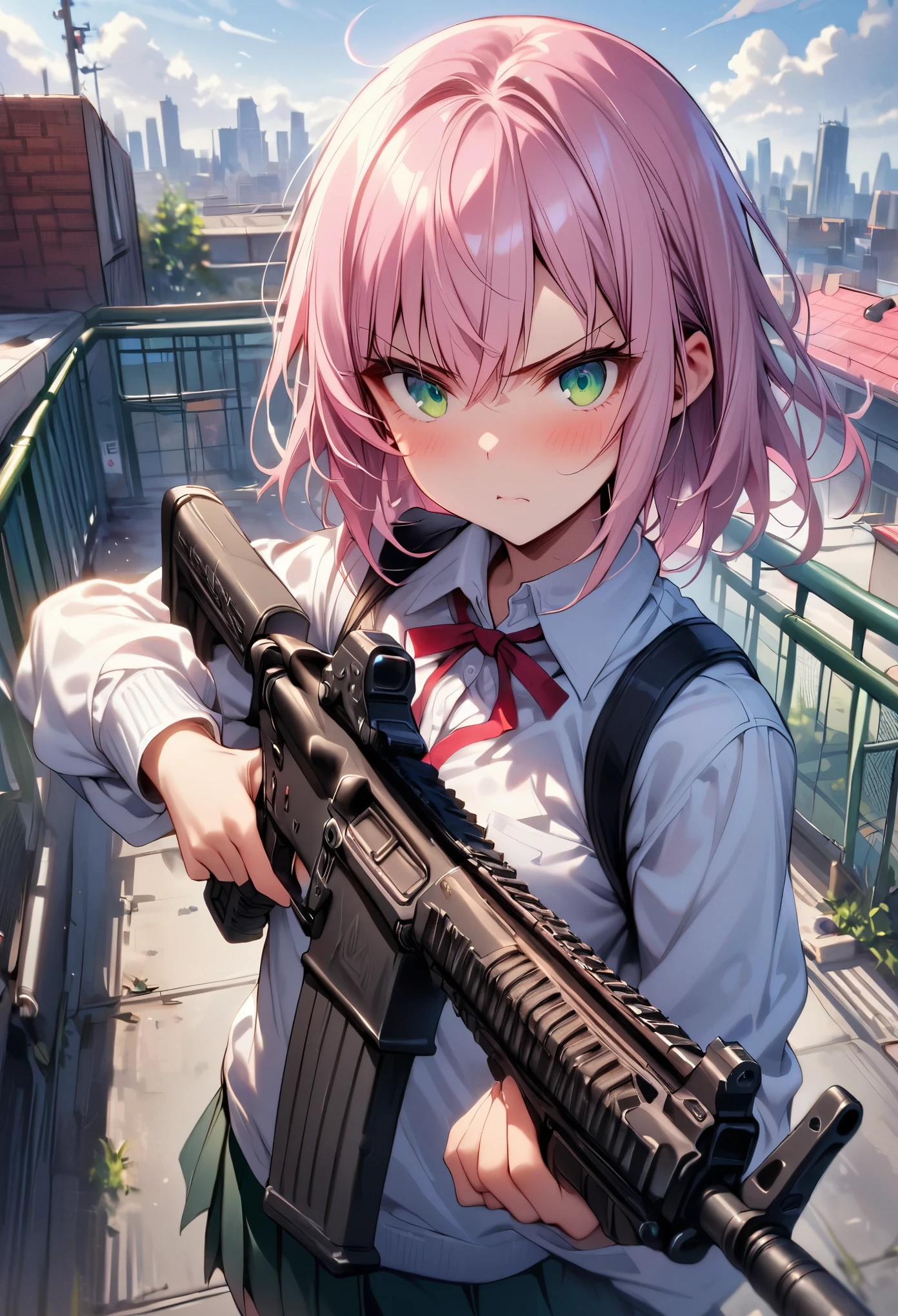 (((pixel-perfect, detail-perfect))), 1girl, solo, solo focus, using assault rifle, determined expression, high school student, short pink hair, green eyes, urban rooftop setting, smoggy, intense
