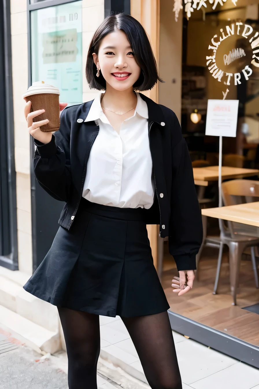 ((highest quality)), ((masterpiece)), perfect face、A neat and beautiful woman standing in front of a coffee shop、black hair、ear piercing、Jacket、blouse、knee length skirt、black tights、pumps、refreshing smile、smiling showing teeth、full body photo、Close-up of feet