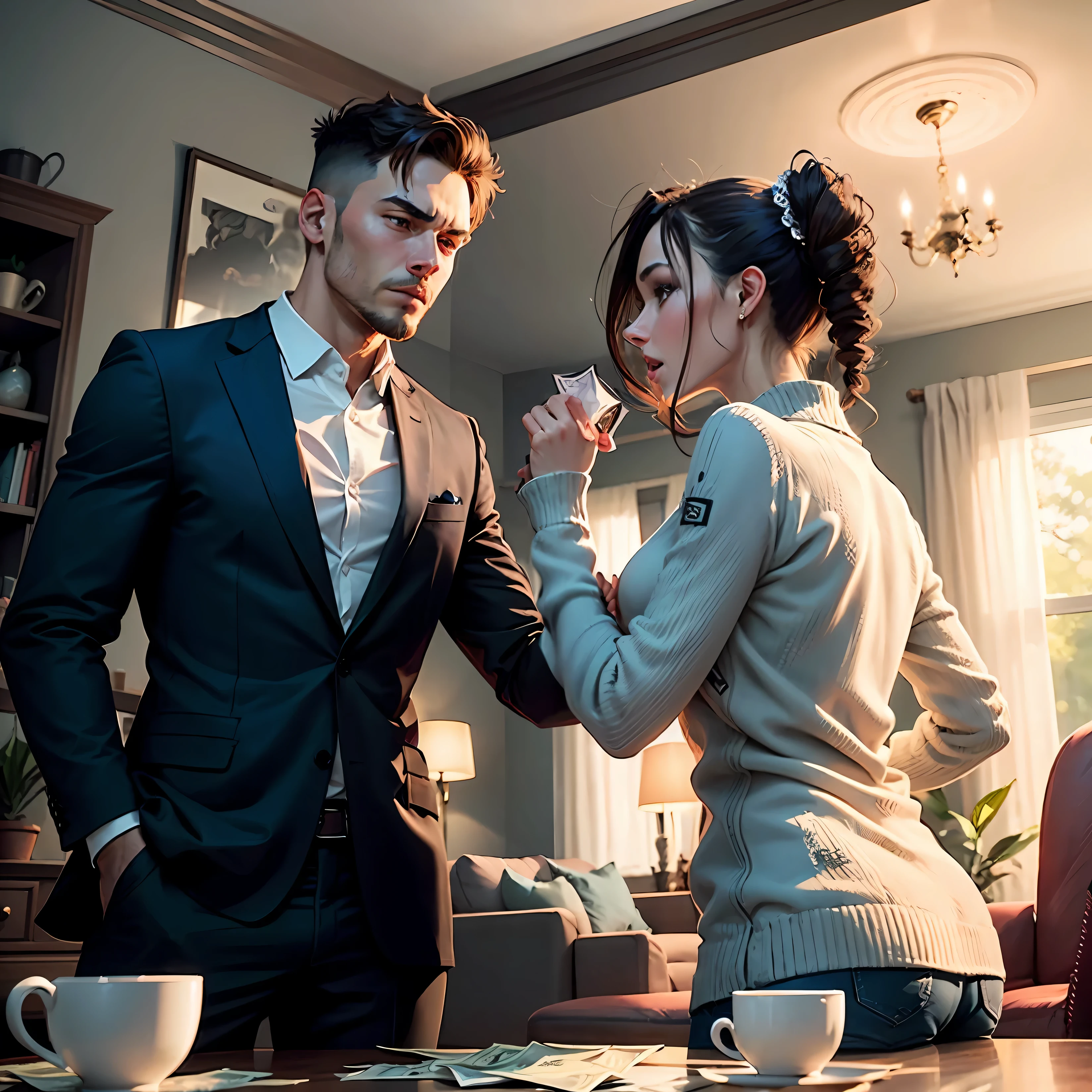 Un couple homme et femme se disputent de l’argent. Ils sont dans le salon. --auto