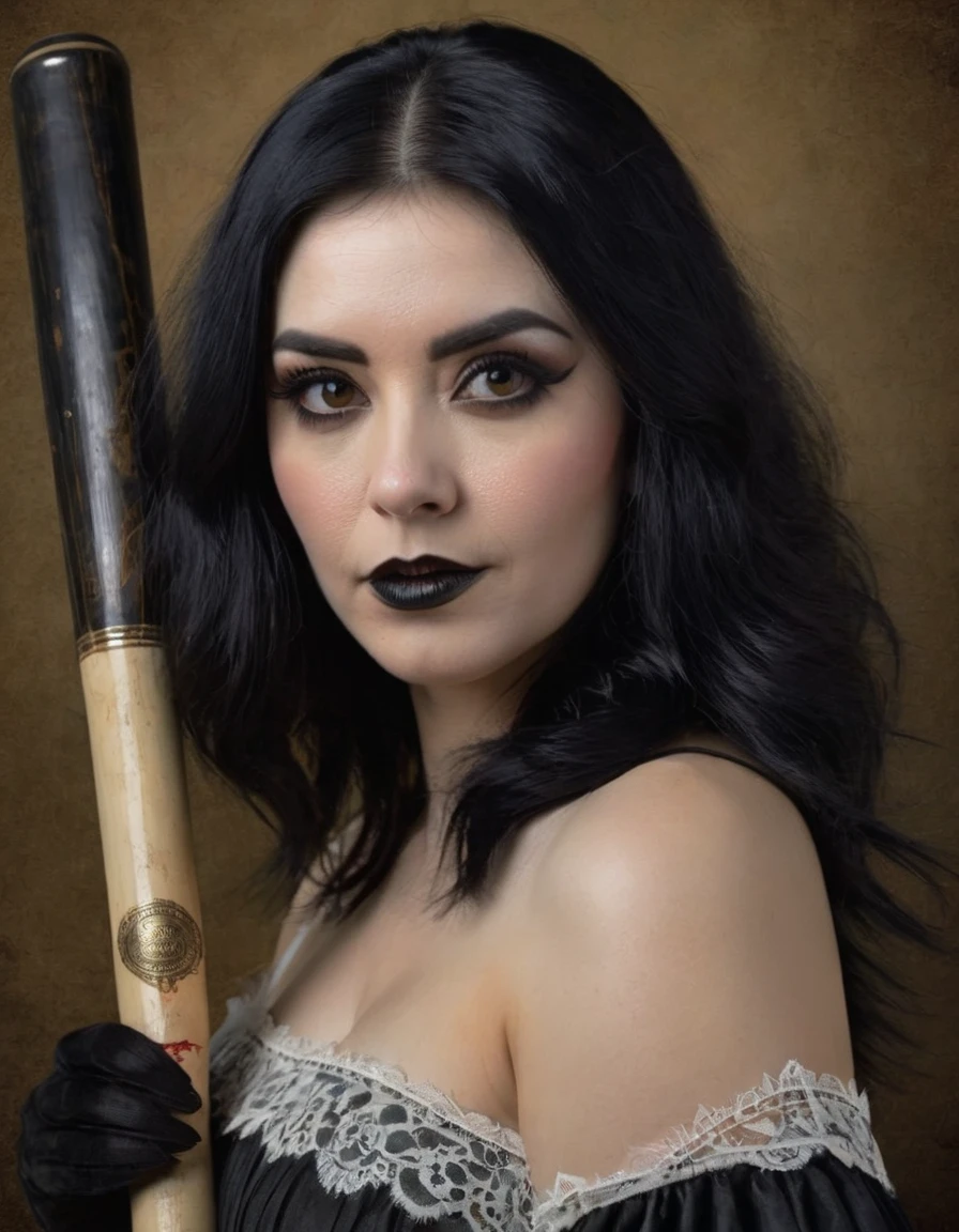 A beautiful woman with black hair and lace holding an antique baseball bat, painted in the style of Francisco Goya in a dark gothic aesthetic style.