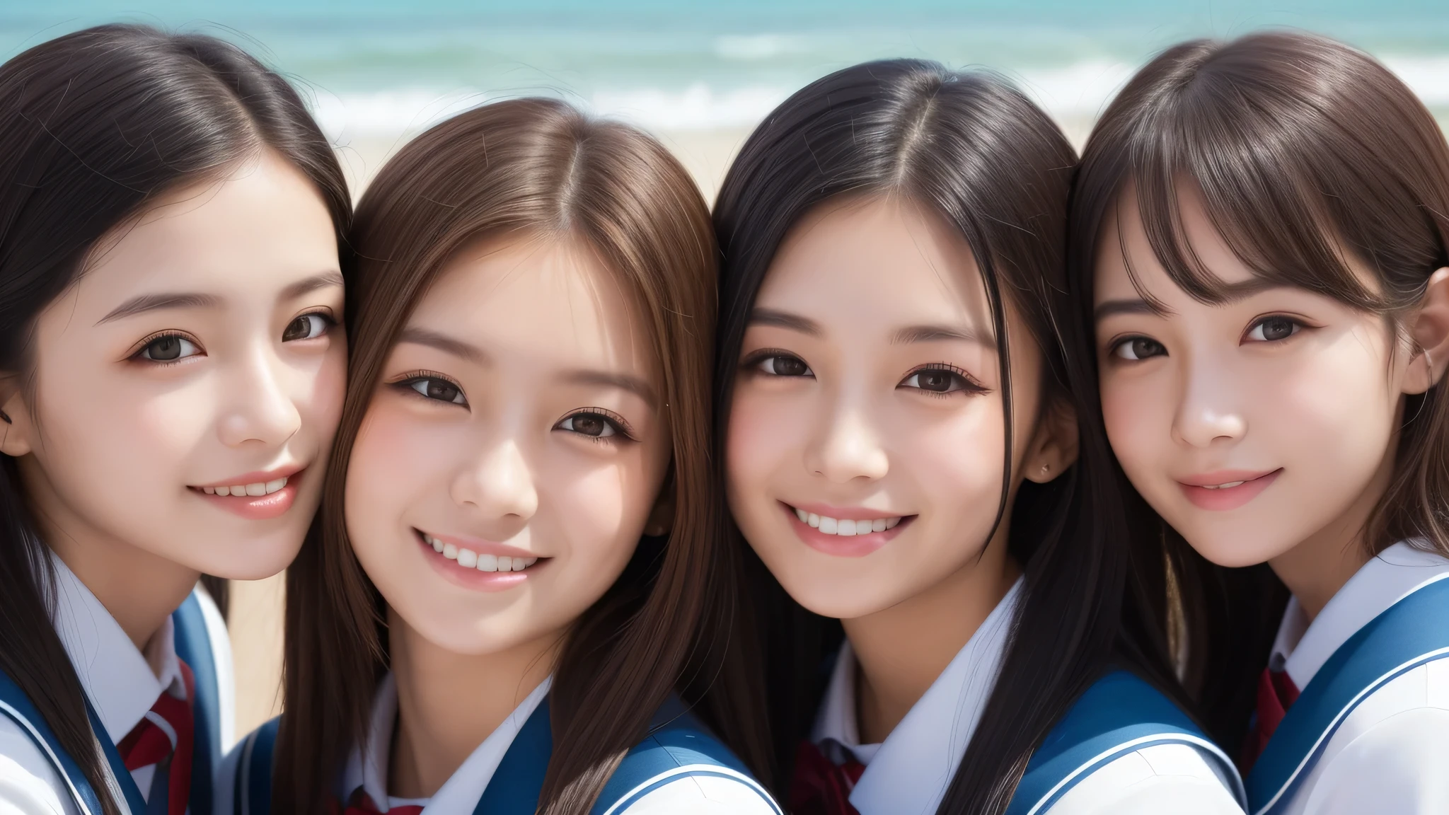 (1girl), (big smile), beautiful face, Amazing face and eyes, delicate, (Best Quality:1.4), (Ultra-detailed), (extremely detailed beautiful face), (princess hair cut style), cute smile, brown eyes, (highly detailed Beautiful face), (high school uniform:1.2), (extremely detailed CG unified 8k wallpaper), Highly detailed, High-definition raw color photos, Professional Photography, Realistic portrait, evening, Extremely high resolution, smiling, modern, trendy, fashionable, Group photo of high school girls, face close-up, (beach)