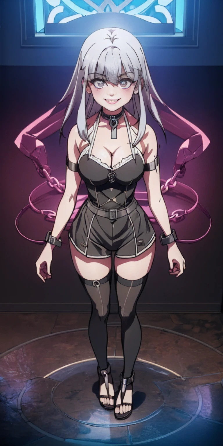 dark fantasy anime illustration of a (mature MILF BIMBO albino skin and short white hair), (FULL BODY) perfect face, wearing tight leather stealth armor, stalking, BIG KNOCKERS CLEAVAGE, lustful smirking smile red blush red cheeks, chain leash, kneeling, shackles, leather black collar slave, ((BLACK background)) WITH KNOCKERS on glass, glass window fog water drop, hands behind body, metal handcuffs, black choker collar, thigh highs, long legs, metal ankle, metal sandals, metal shoulders, standing straight symmetrical against glass