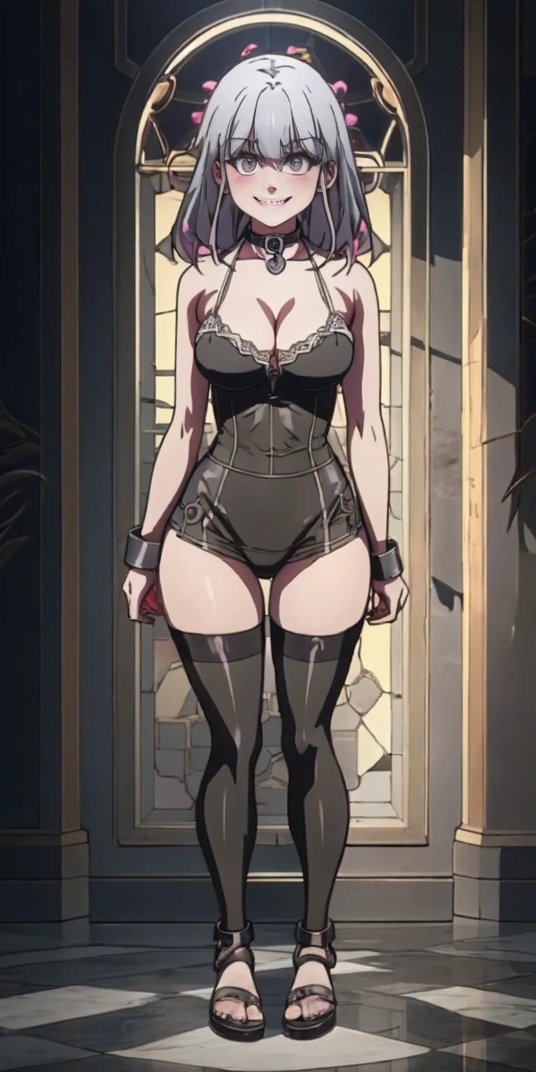 dark fantasy anime illustration of a (mature MILF BIMBO albino skin and short white hair), (FULL BODY) perfect face, wearing tight leather stealth armor, stalking, BIG KNOCKERS CLEAVAGE, lustful smirking smile red blush red cheeks, chain leash, kneeling, shackles, leather black collar slave, ((BLACK background)) WITH KNOCKERS on glass, glass window fog water drop, hands behind body, metal handcuffs, black choker collar, thigh highs, long legs, metal ankle, metal sandals, metal shoulders, standing straight symmetrical against glass